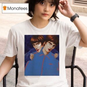 Oasis Liam And Noel Gallagher Twin Portrait With Bold Blue Red Brushstroke T Shirt