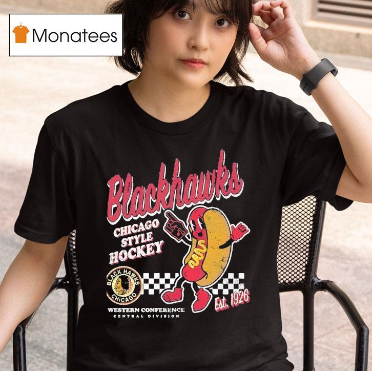 Black Chicago Blackhawks Hot Dog Food Est Vintage T Shirt