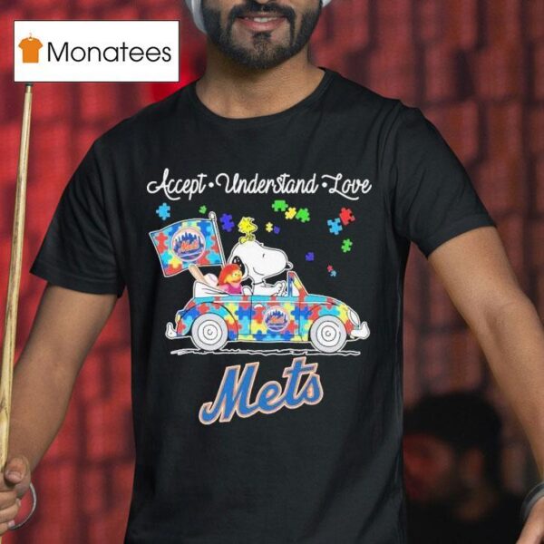 Snoopy And Woodstock New York Mets Driving Car Autism Accept Understand Love T Shirt