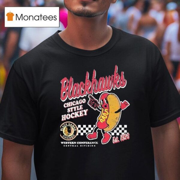 Black Chicago Blackhawks Hot Dog Food Est Vintage T Shirt