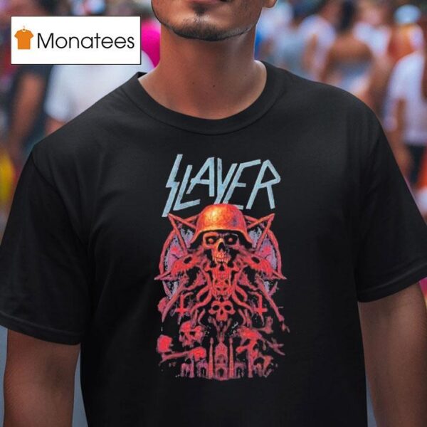 Slayer Farewell Tour A Skull With A Military Helmet Art Dates List Start On July In Cardiff Uk At Blackweir Fields T Shirt