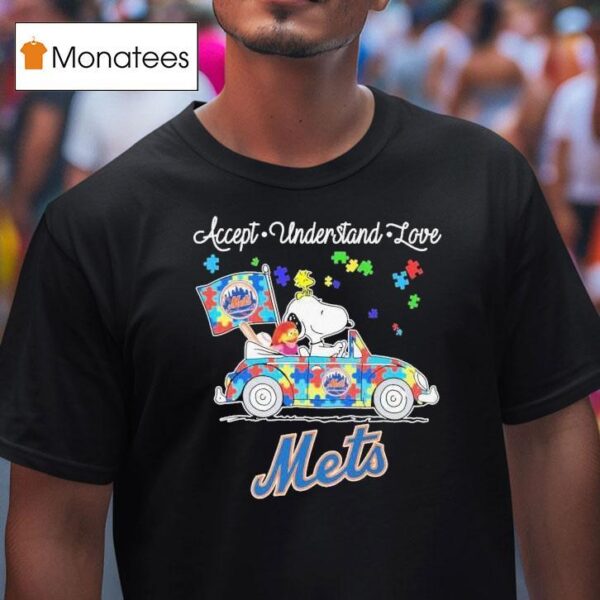 Snoopy And Woodstock New York Mets Driving Car Autism Accept Understand Love T Shirt