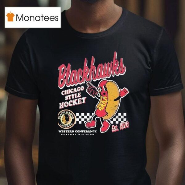 Black Chicago Blackhawks Hot Dog Food Est Vintage T Shirt
