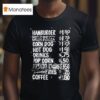 Hamburger Corn Dog Hot Dog Drinks Pop Corn Fries Coffee Snack Bar Menu T Shirt