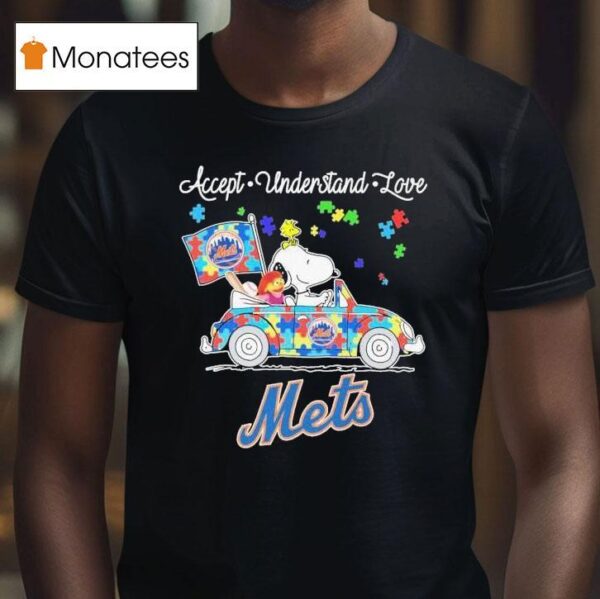 Snoopy And Woodstock New York Mets Driving Car Autism Accept Understand Love T Shirt