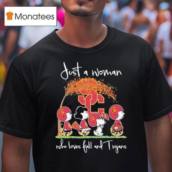 Snoopy The Peanuts Usc Trojans Just A Woman Who Loves Fall Trojans Walking T Shirt