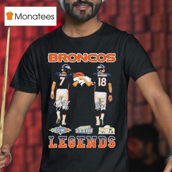 John Albert Elway Jr And Peyton Manning Denver Broncos Legends Skyline Signatures T Shirt