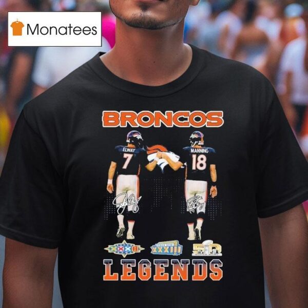 John Albert Elway Jr And Peyton Manning Denver Broncos Legends Skyline Signatures T Shirt