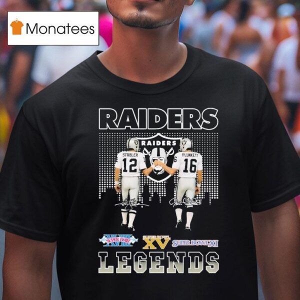 Ken Stabler And Jim Plunkett Las Vegas Raiders Legends Skyline Signatures T Shirt