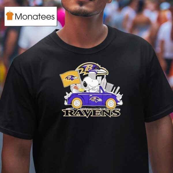 Snoopy And Woodstock Baltimore Ravens City Skyline T Shirt