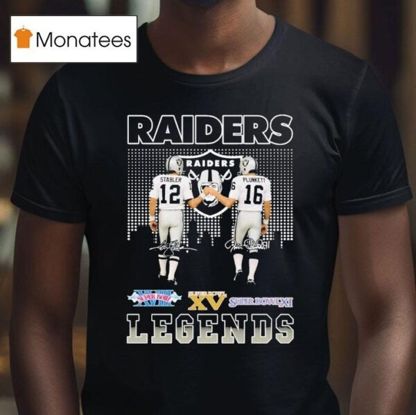 Ken Stabler And Jim Plunkett Las Vegas Raiders Legends Skyline Signatures T Shirt