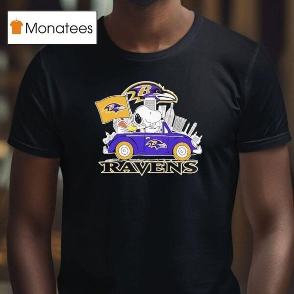 Snoopy And Woodstock Baltimore Ravens City Skyline T Shirt