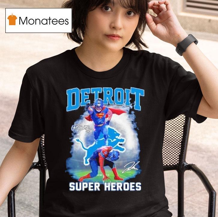 Detroit Lions Jahmyr Gibbs Amon Ra St Brown Superman And Spider Man Signature T Shirt