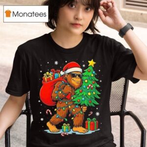Santa Bigfoot Christmas Tree Lights Xmas T Shirt