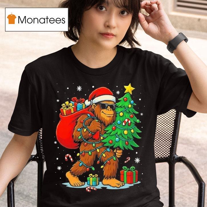 Santa Bigfoot Christmas Tree Lights Xmas T Shirt