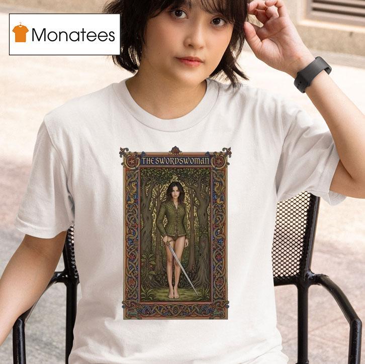 The Swordswoman Medieval Warrior Lady Holding Sword In Enchanted Fores T Shirt