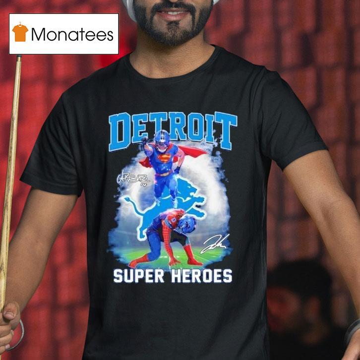 Detroit Lions Jahmyr Gibbs Amon Ra St Brown Superman And Spider Man Signature T Shirt Detroit Lions Jahmyr Gibbs Amon Ra St Brown Superman And Spider Man Signature T Shirt
