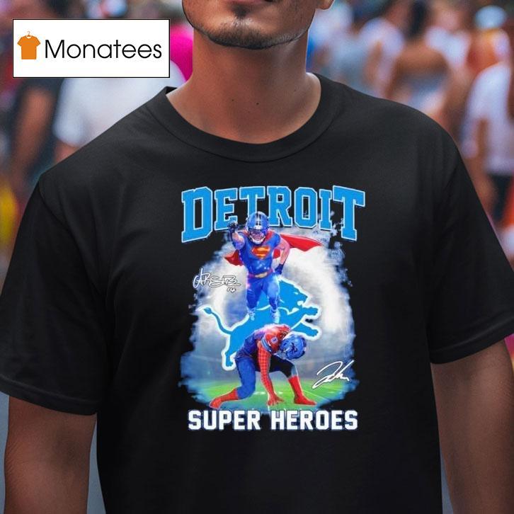 Detroit Lions Jahmyr Gibbs Amon Ra St Brown Superman And Spider Man Signature T Shirt Detroit Lions Jahmyr Gibbs Amon Ra St Brown Superman And Spider Man Signature T Shirt