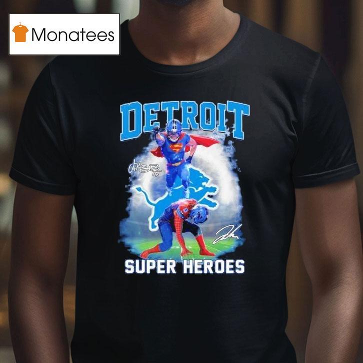 Detroit Lions Jahmyr Gibbs Amon Ra St Brown Superman And Spider Man Signature T Shirt Detroit Lions Jahmyr Gibbs Amon Ra St Brown Superman And Spider Man Signature T Shirt