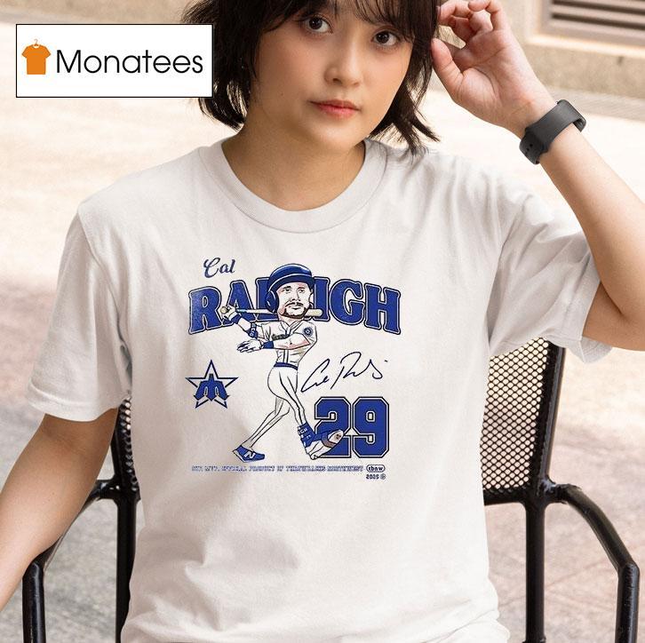 Seattle Mariners Cal Raleigh Mvp Name And Number Caricature Pose Signature T Shirt