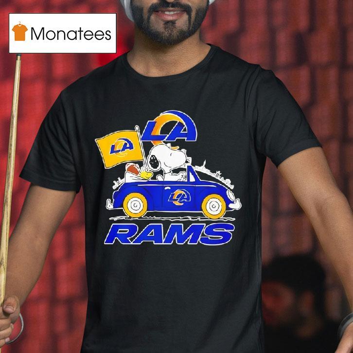 Los Angeles Rams X Snoopy And Woodstock Drive Car T Shirt Los Angeles Rams X Snoopy And Woodstock Drive Car T Shirt