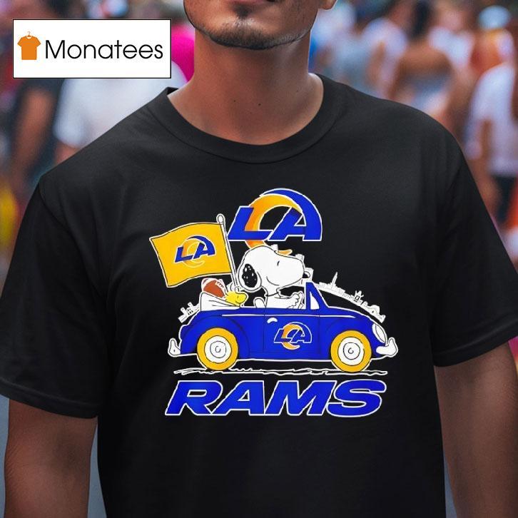 Los Angeles Rams X Snoopy And Woodstock Drive Car T Shirt Los Angeles Rams X Snoopy And Woodstock Drive Car T Shirt