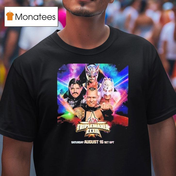 Wwe Triplemania Xxiii On Saturday August Th With Vikinggo Vs Mysterio Vs Dragon Lee Vs Americano For The Aaa Mega Championship T Shirt Wwe Triplemania Xxiii On Saturday August Th With Vikinggo Vs Mysterio Vs Dragon Lee Vs Americano For The Aaa Mega Championship T Shirt
