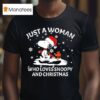 Just A Woman Who Loves Snoopy Woodstock And Christmas T Shirt