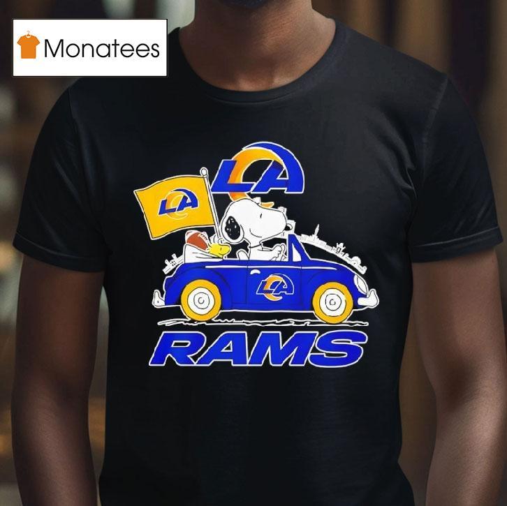 Los Angeles Rams X Snoopy And Woodstock Drive Car T Shirt Los Angeles Rams X Snoopy And Woodstock Drive Car T Shirt