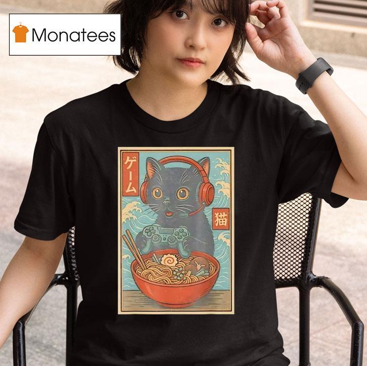 Black Japanese Cat Holding Gamepad And Wearing Head Phone Eat Ramen Retro T Shirt