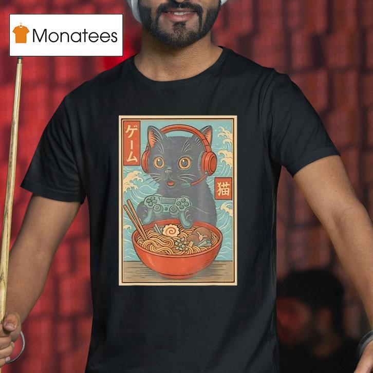 Black Japanese Cat Holding Gamepad And Wearing Head Phone Eat Ramen Retro T Shirt Black Japanese Cat Holding Gamepad And Wearing Head Phone Eat Ramen Retro T Shirt