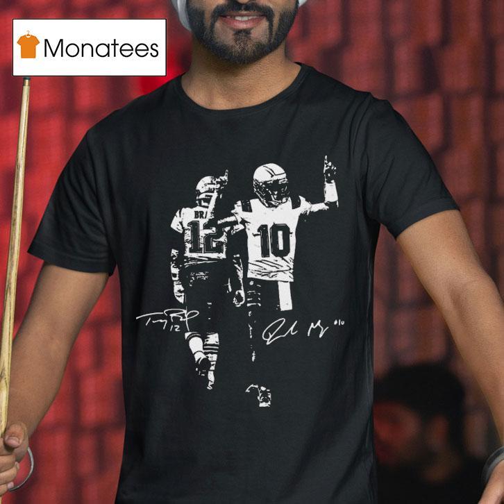 Drake Maye And Tom Brady New England Patriots Black And White Photo Signatures T Shirt Drake Maye And Tom Brady New England Patriots Black And White Photo Signatures T Shirt