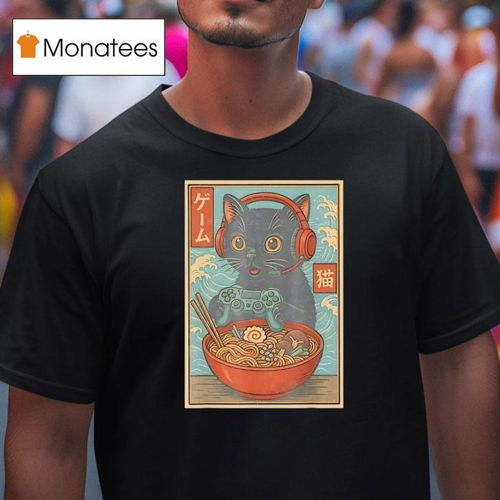 Black Japanese Cat Holding Gamepad And Wearing Head Phone Eat Ramen Retro T Shirt Black Japanese Cat Holding Gamepad And Wearing Head Phone Eat Ramen Retro T Shirt