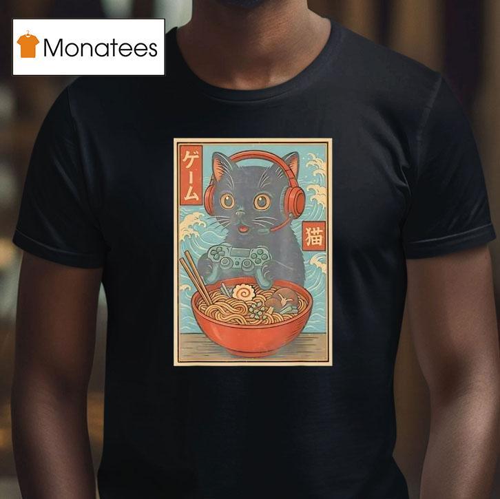 Black Japanese Cat Holding Gamepad And Wearing Head Phone Eat Ramen Retro T Shirt Black Japanese Cat Holding Gamepad And Wearing Head Phone Eat Ramen Retro T Shirt