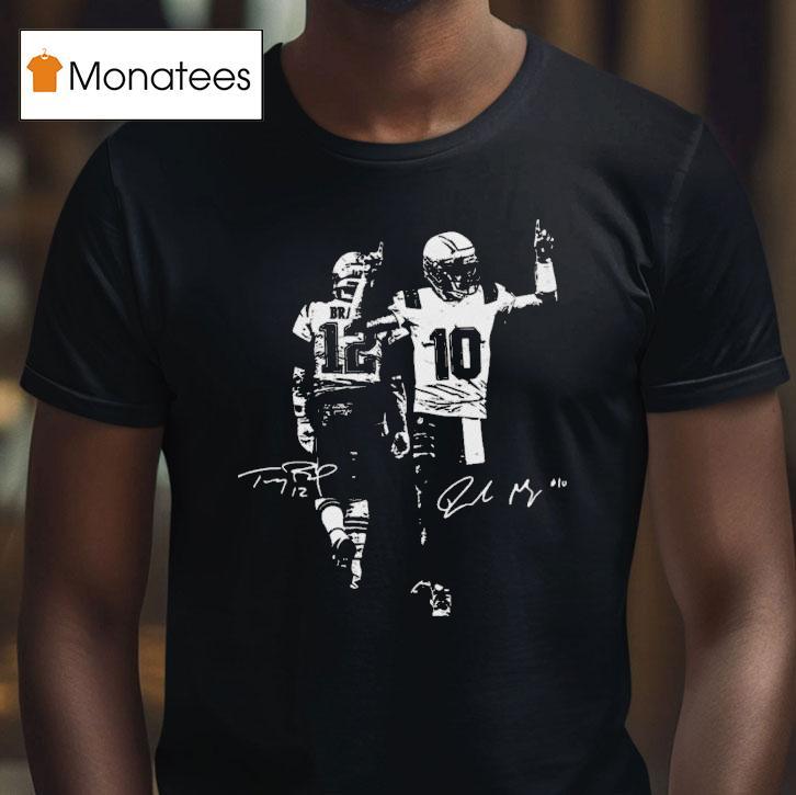 Drake Maye And Tom Brady New England Patriots Black And White Photo Signatures T Shirt Drake Maye And Tom Brady New England Patriots Black And White Photo Signatures T Shirt